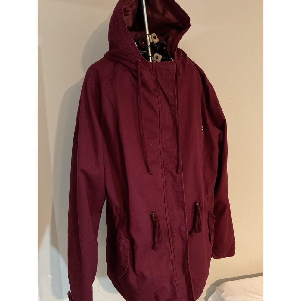 Ambiance Burgundy Utility Jacket Hooded Drawstring Waist Field Coat Maroon L